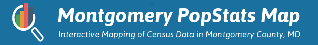 Map title saying Montgomery PopStats Map, interactive mapping of census data in Montgomery County, Maryland
